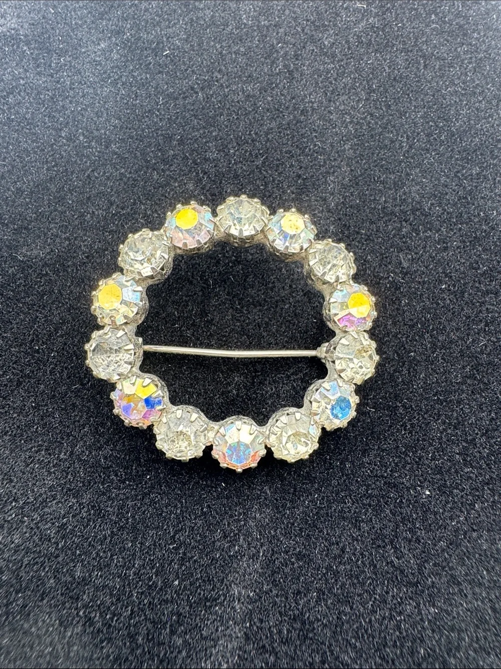 Crystal Circle Brooch - Clear Iridescent Rhinestones